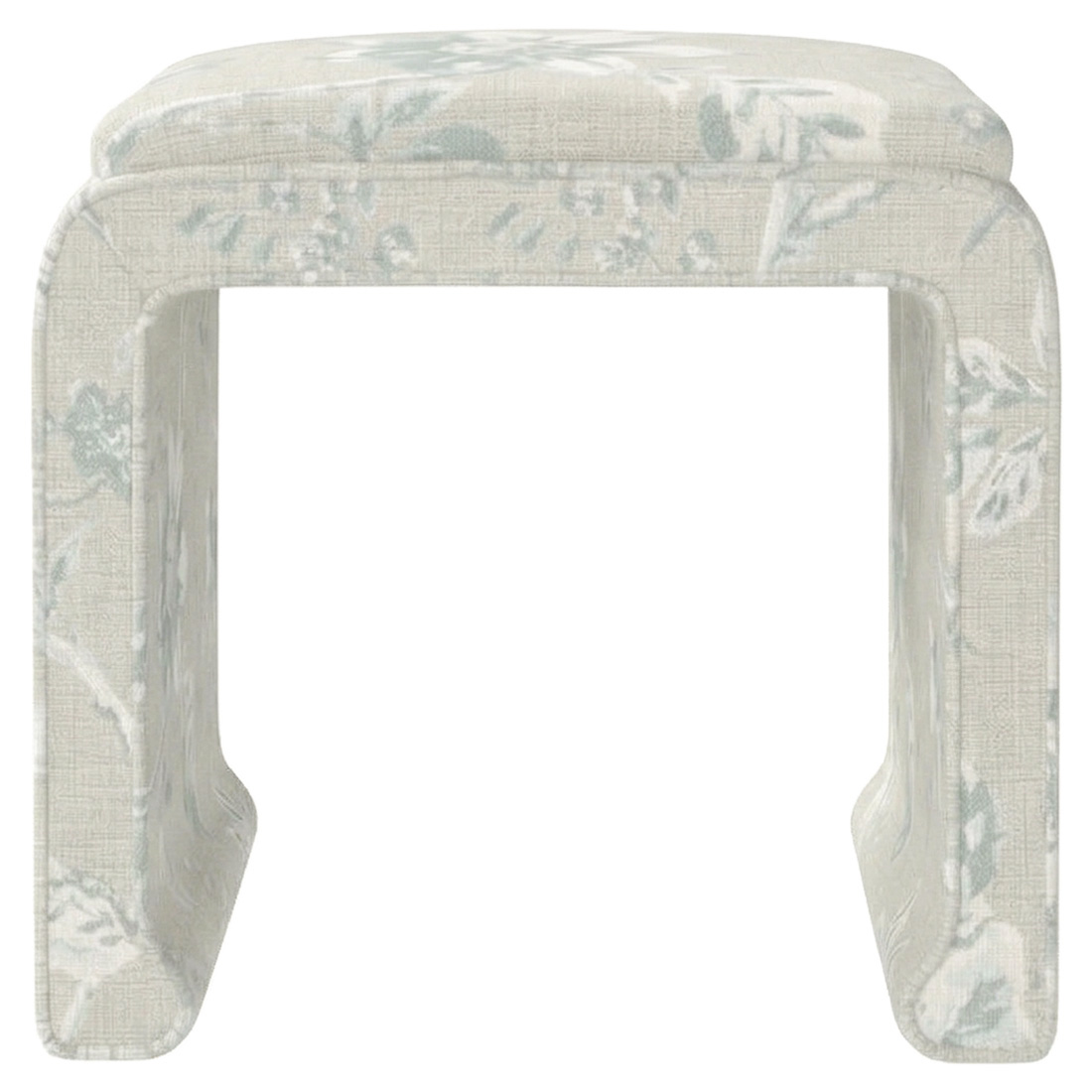 upholstered stool in Sunbrella performance botanical weave garden mist