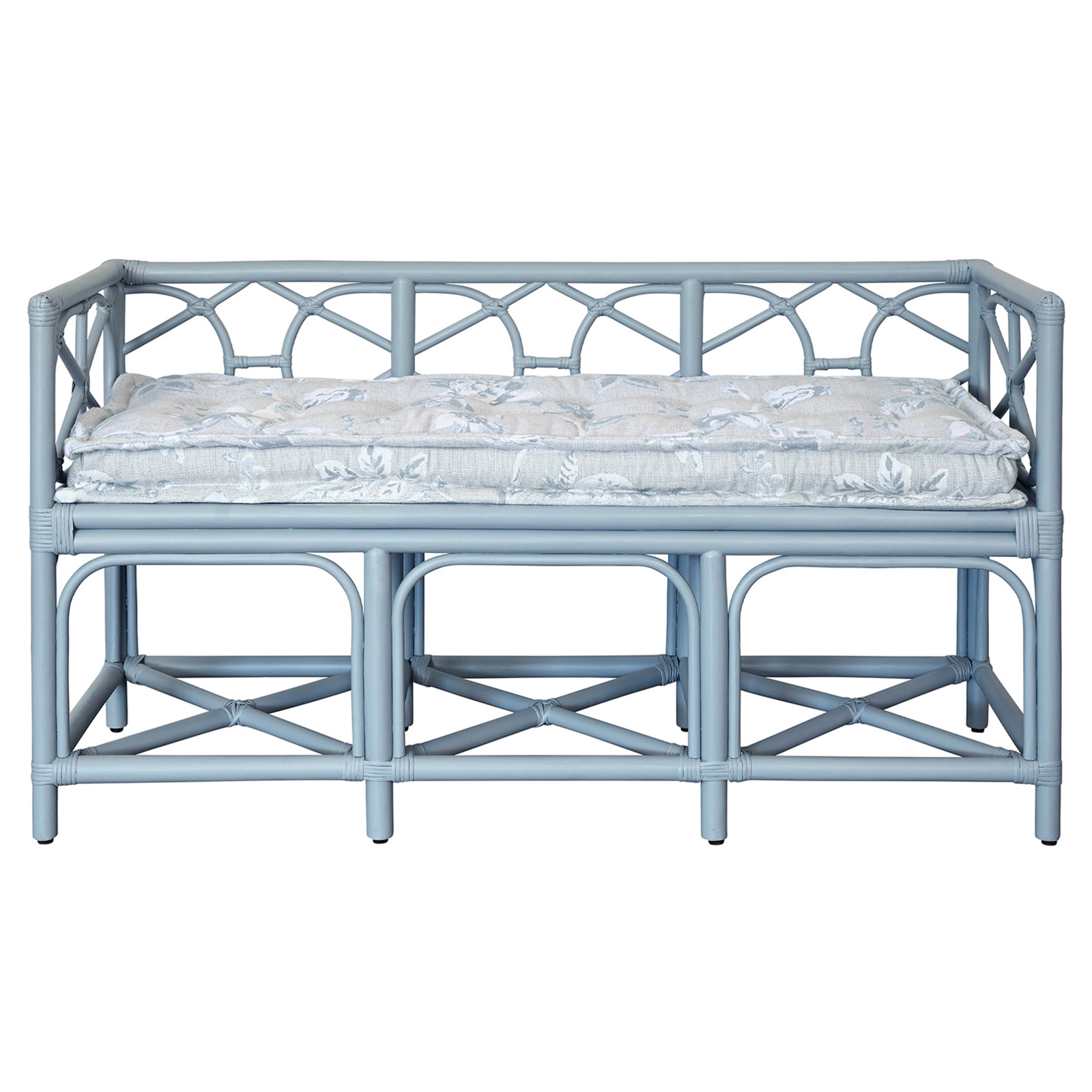 blue rattan bench with a cushion in Sunbrella performance botanical weave garden mist
