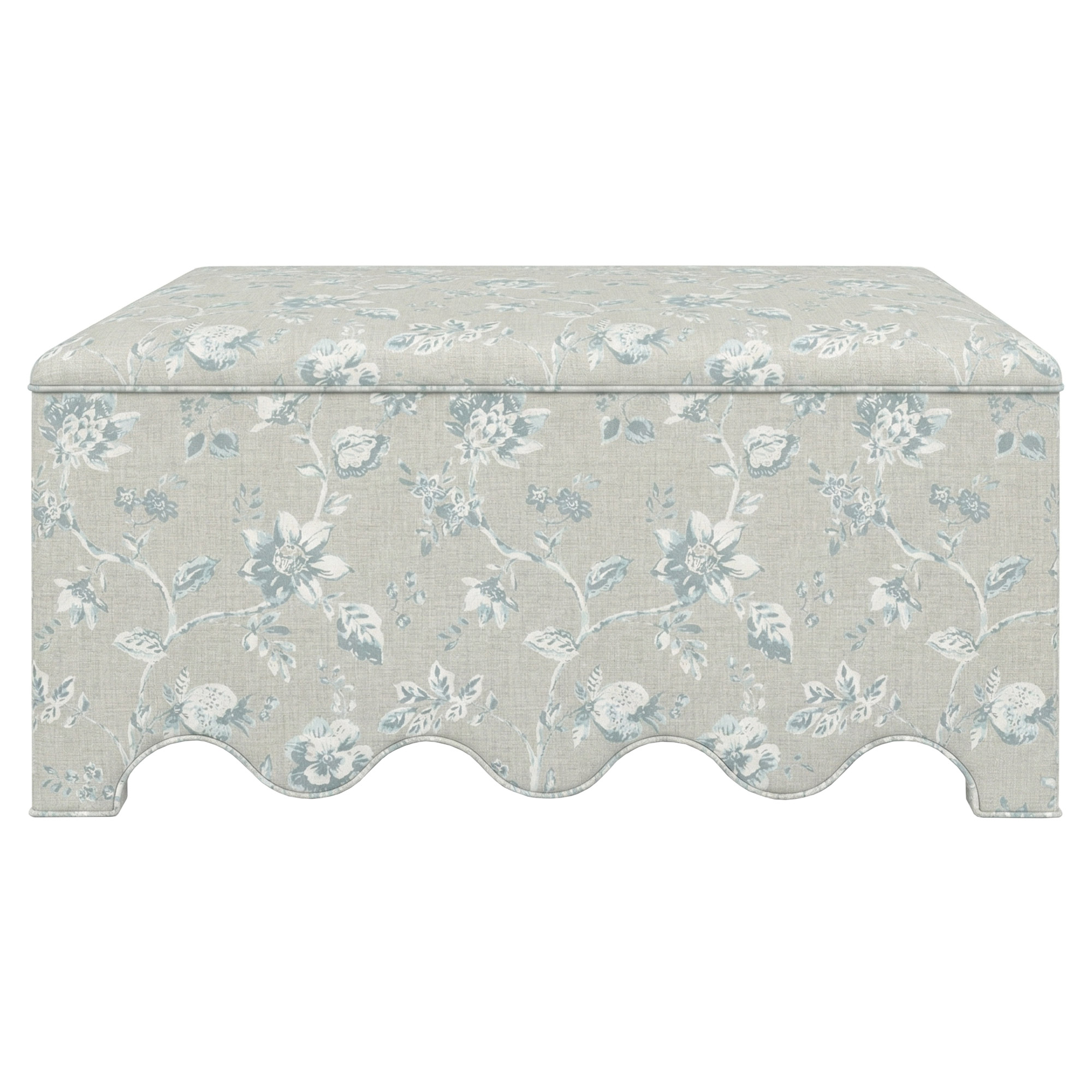 upholstered square ottoman in Sunbrella performance botanical weave garden mist