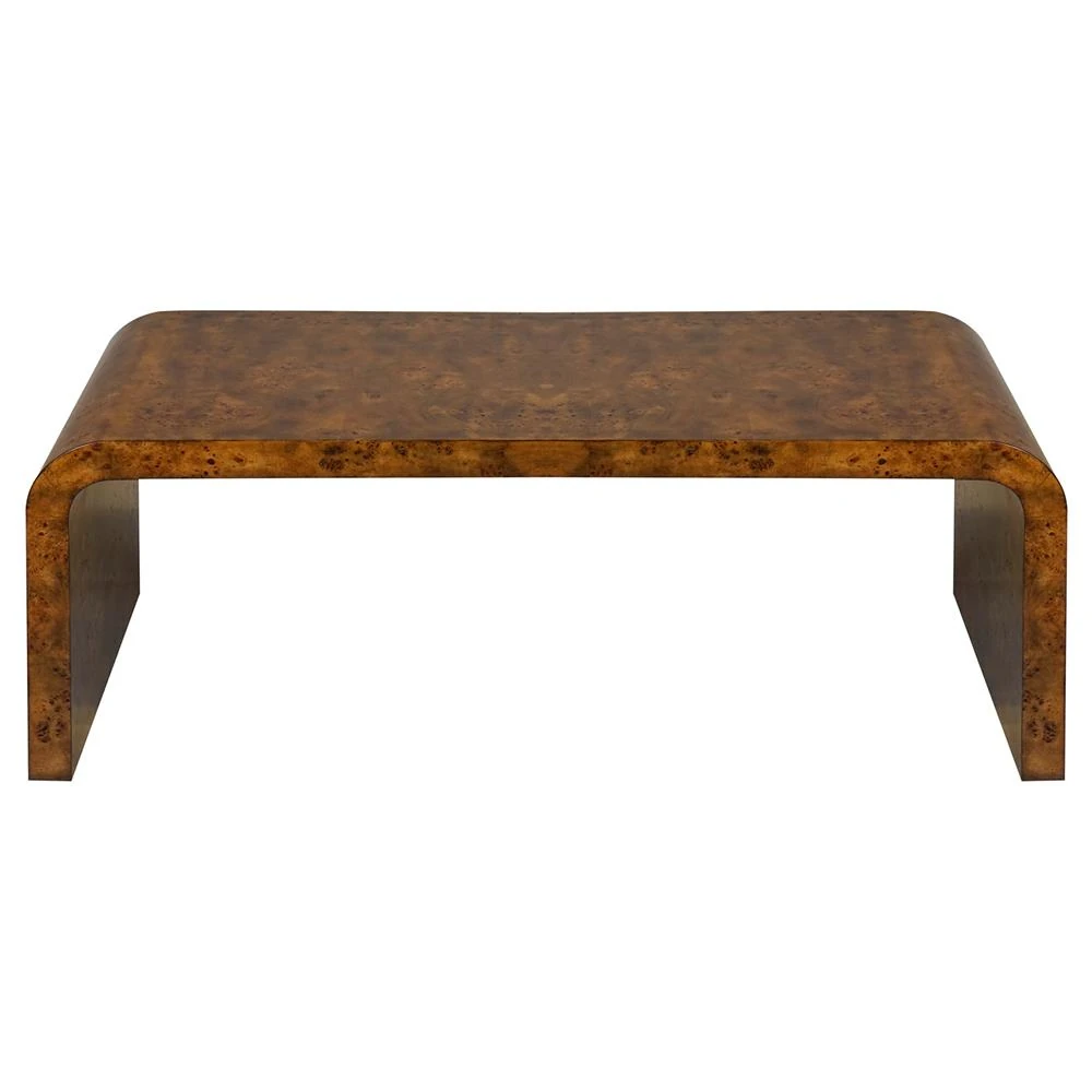 burl wood dark brown coffee table with waterfall edges