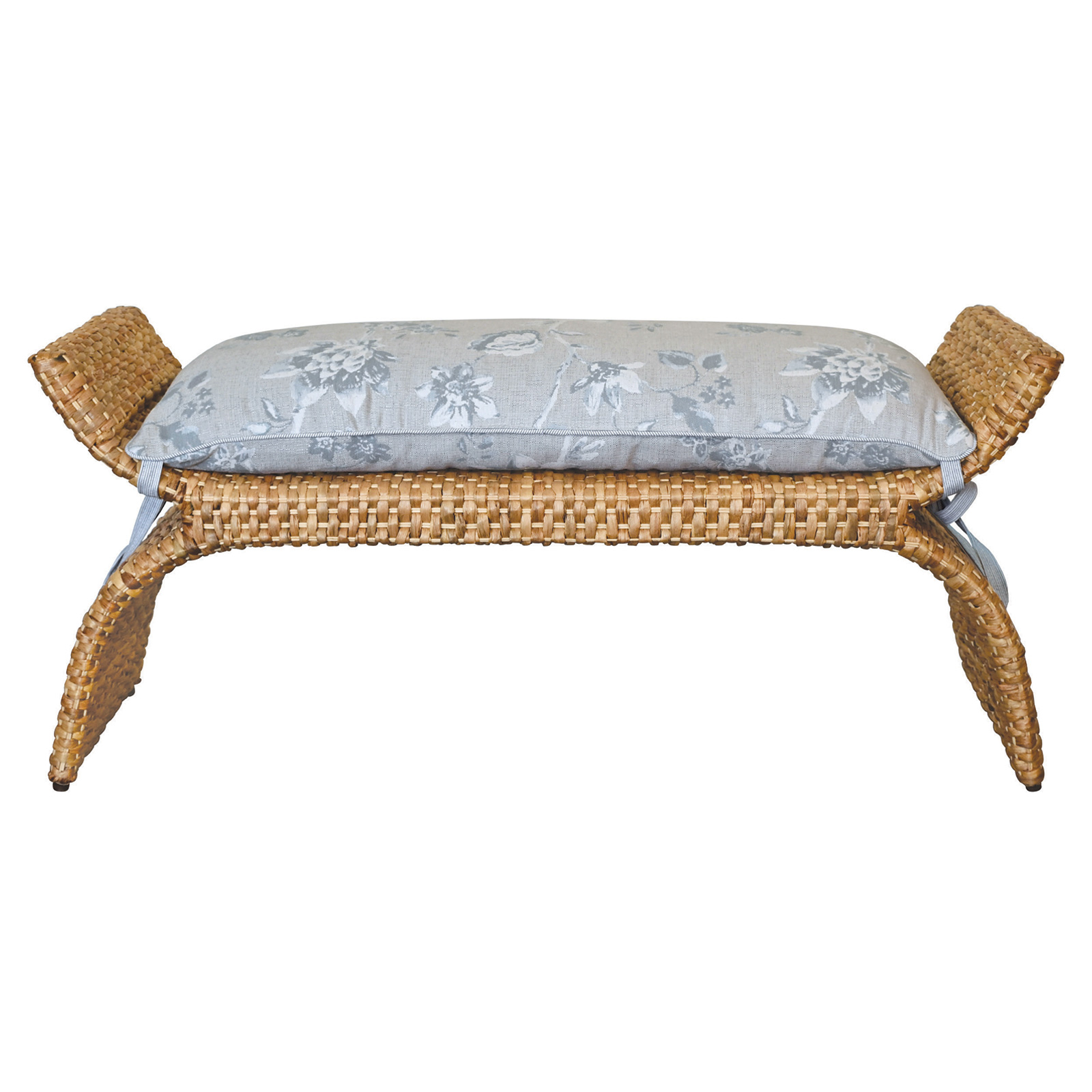 rattan bench with a cushion in Sunbrella performance botanical weave garden mist