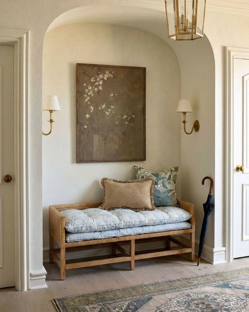 A Worlds Away bench with a double reversible cushion sits in an entryway alcove with a piece of art and two sconces hung above it