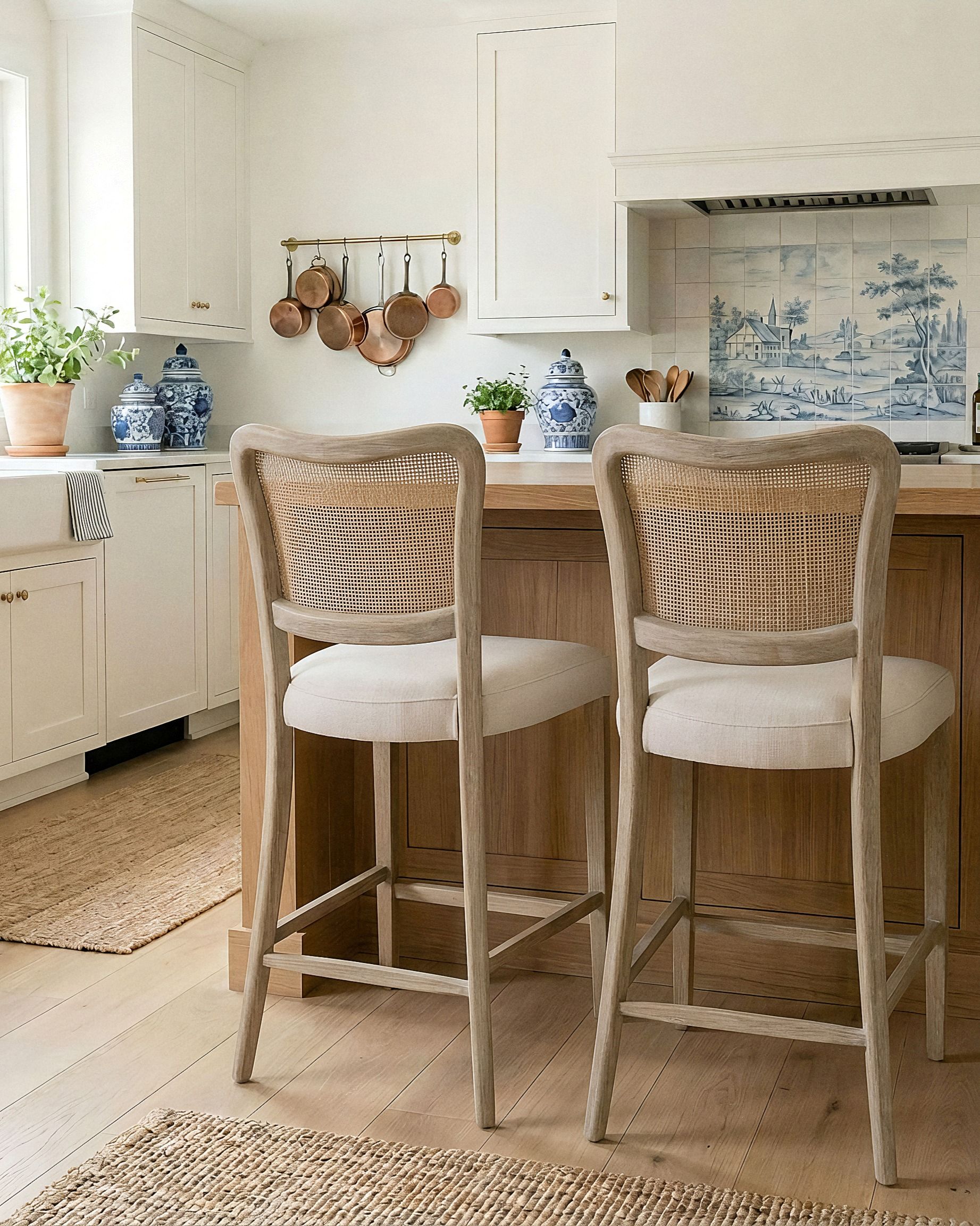Woven back counter stools with upholstered seat in an updated traditional kitchen
