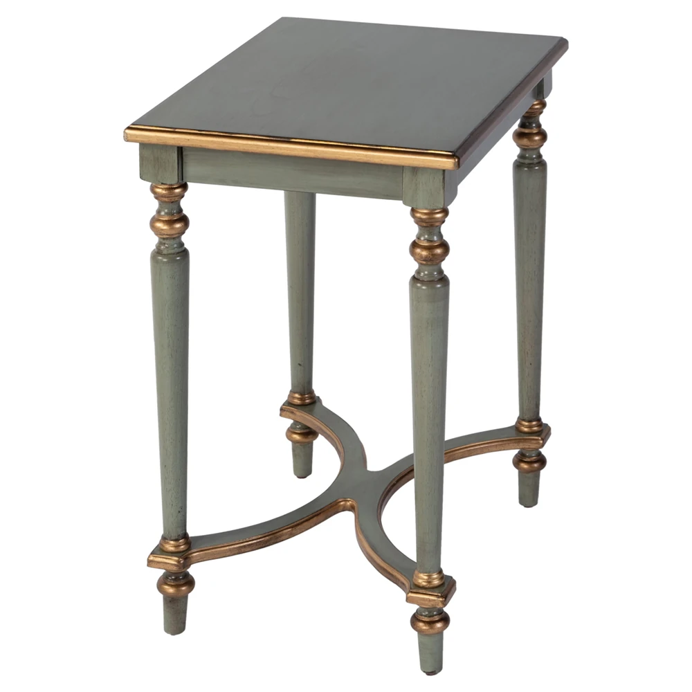green wood side table with gold accents