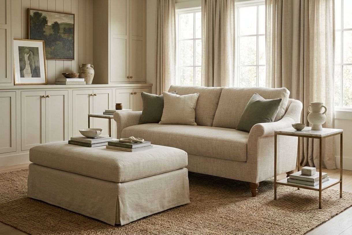 Amelie flared roll arm sofa in a transitional living room with a ottoman coffee table and jute rug