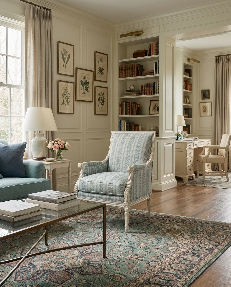 bergere chair in an updated traditional living room