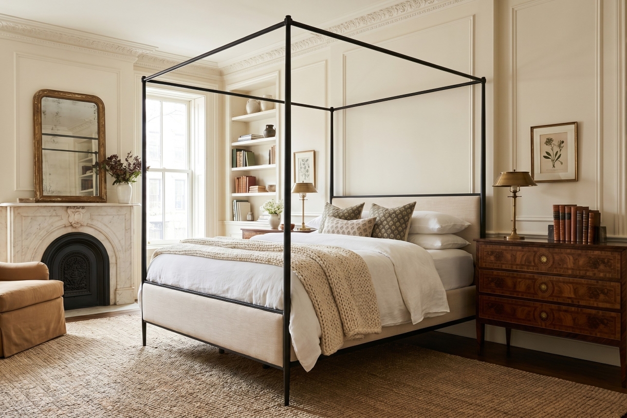 Black iron canopy bed with cream upholstery in a traditional bedroom with a jute rug and burl wood dresser