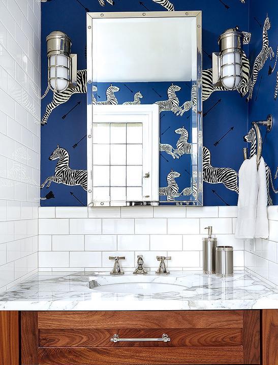 bathroom with blue zebra wallpaper