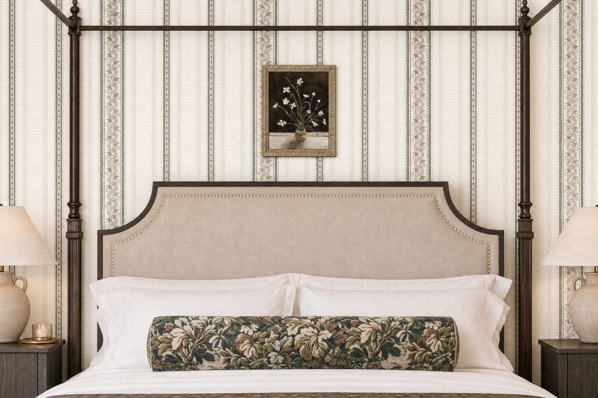 Brass canopy bed with upholstered headboard, white bedding, and a long bolster pillow