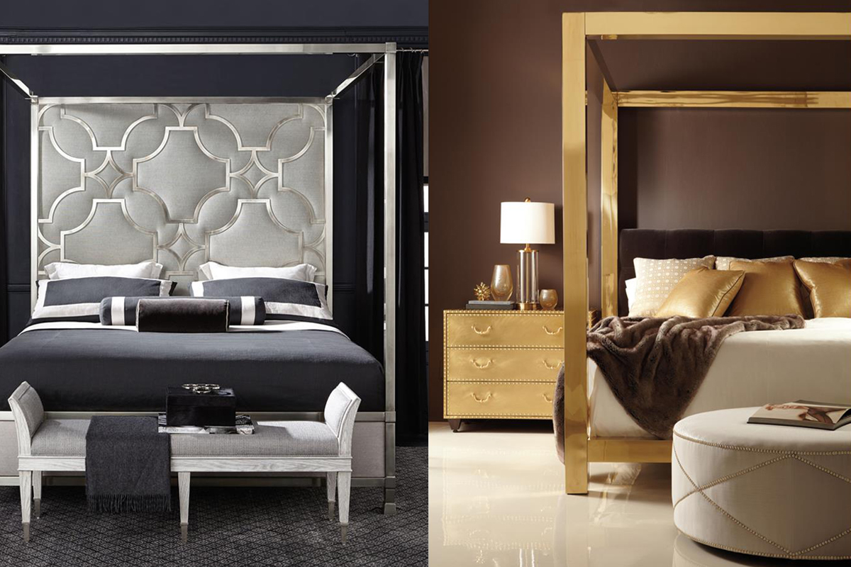 collage of chic bedroom interior design with canopy beds