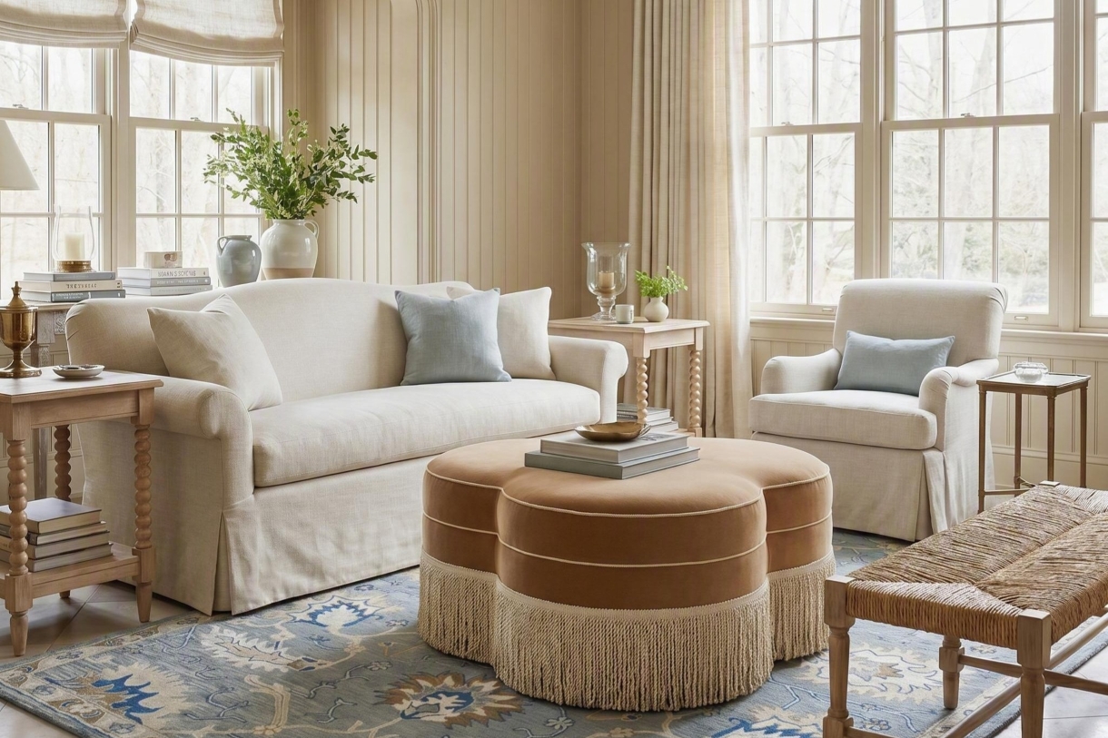 Carlyn Ottoman and  Braei Rug in a traditional coastal living room