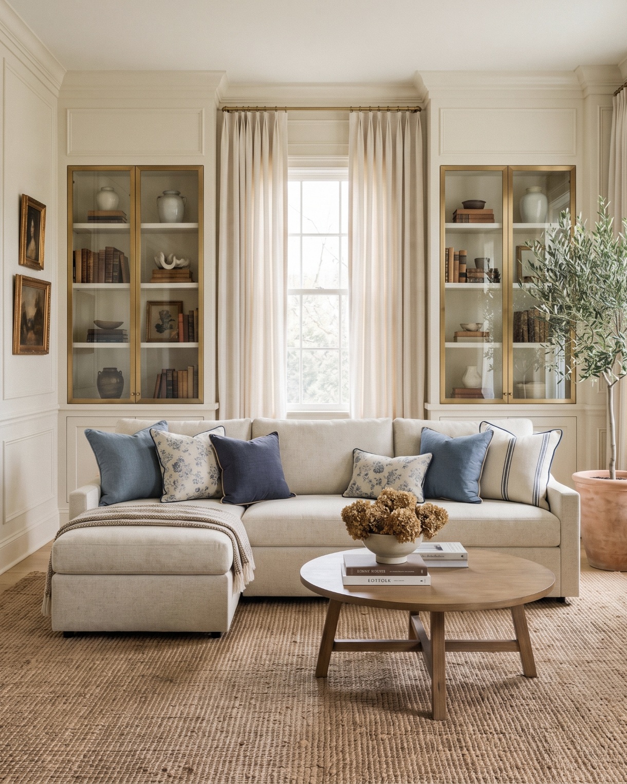 Chaise sleeper sectional in a family room with built-in bookshelves, a round coffee table, and jute rug