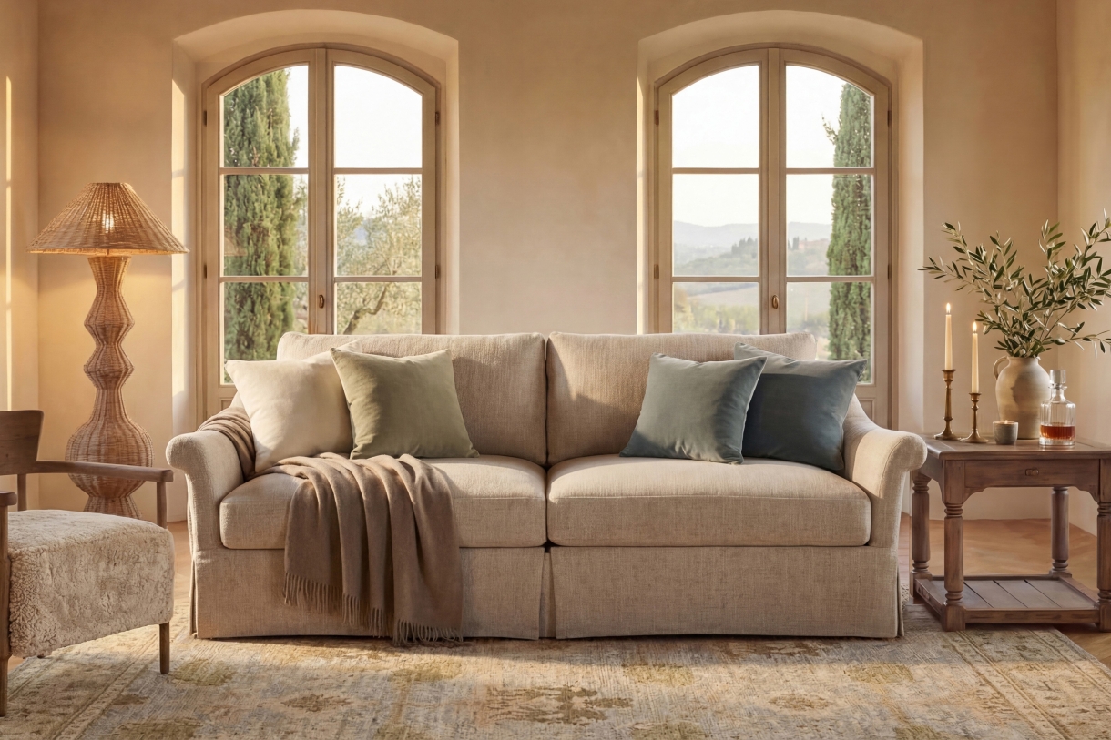 flared roll arm sofa in a bright living room with a patterned rug and wood side table