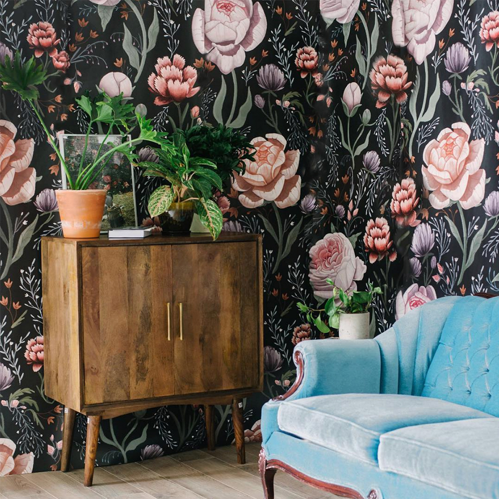 room with floral wallpaper