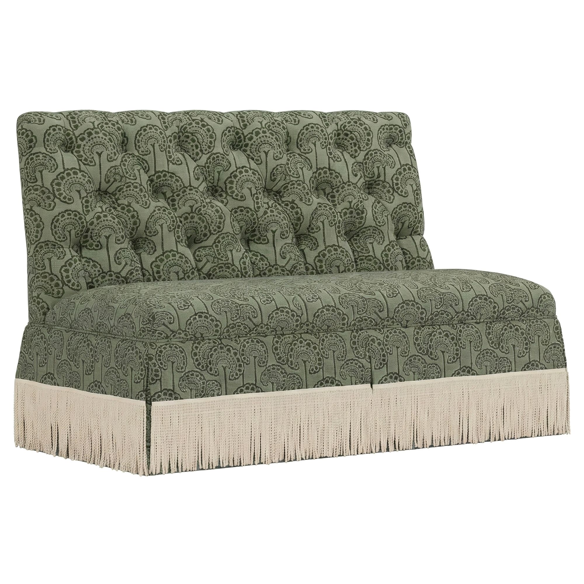 green tufted dining banquette with fringe