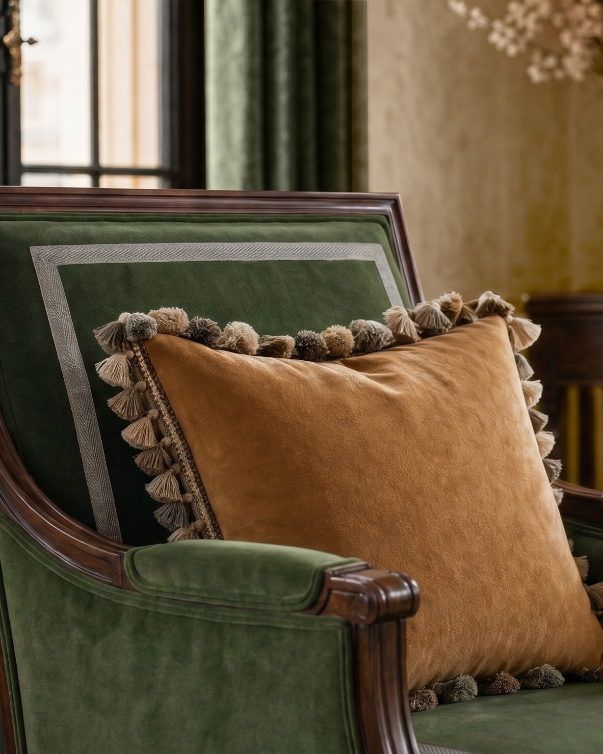 Green velvet bergere chair with throw pillow with tassel fringe
