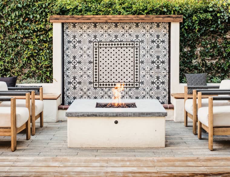 blue and white outdoor fireplace