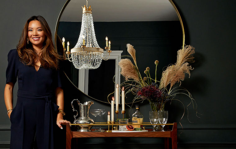 woman at home with bar cart