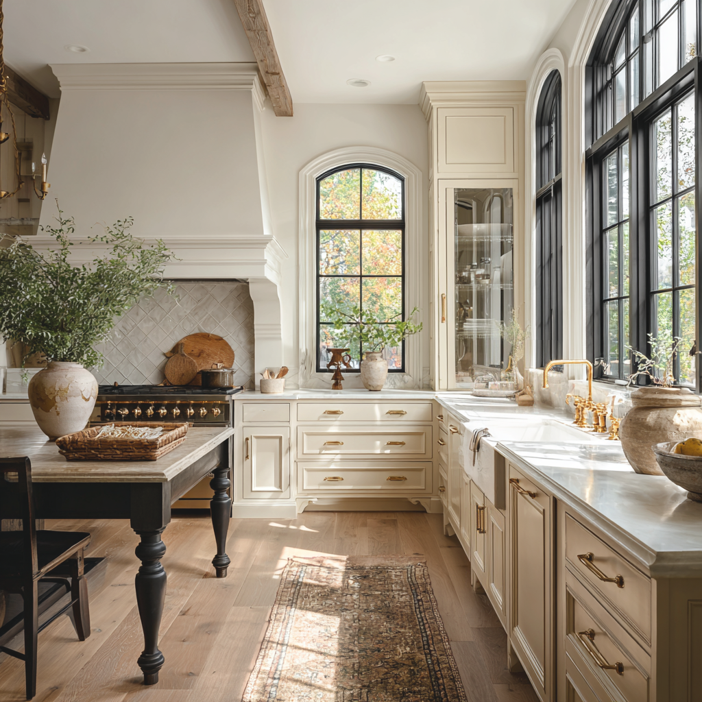 A large bright kitchen with cream cabinetry, natural oak wood floors, a farmhouse kitchen island, and a vintage runner