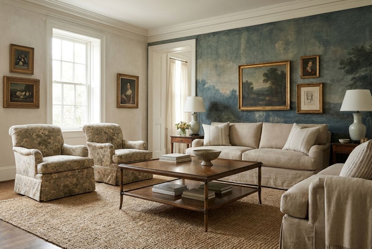 Living room with English roll arm sofas, patterned toll arm chairs, a jute rug, and a square wooden coffee table
