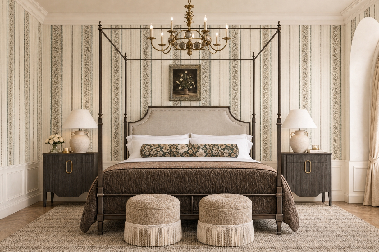 Metal brass canopy bed in a romantic primary bedroom with striped wallpaper and ottomans with fringe