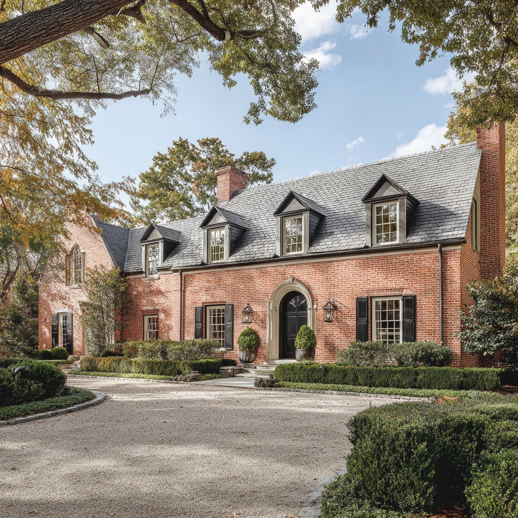 The facade of a red brick country house with black shutters, manicured landscaping, and a pea gravel driveway