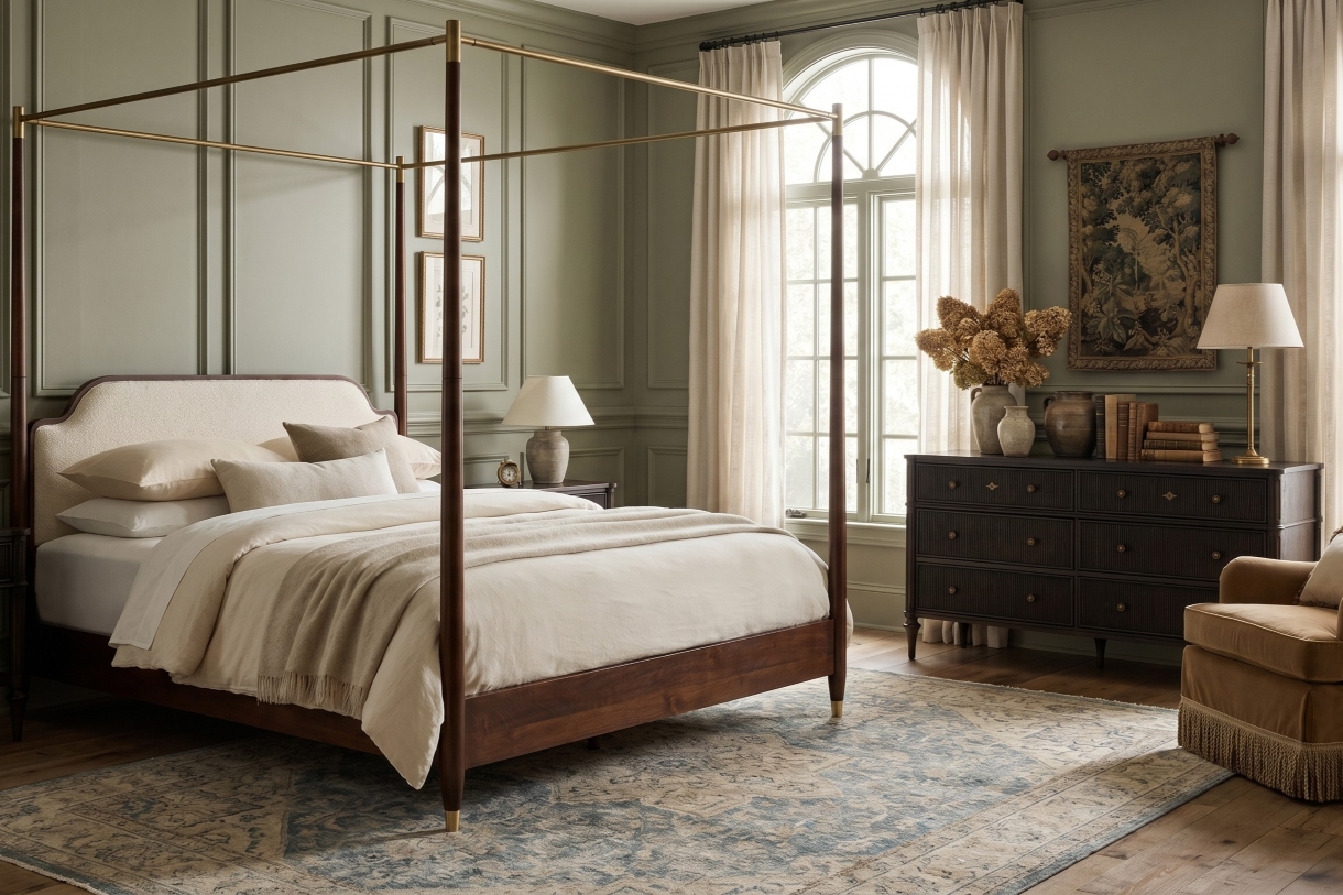 Oak wood and boucle canopy bed in an updated traditional bedroom with a blue patterned rug and tapestry wall hanging