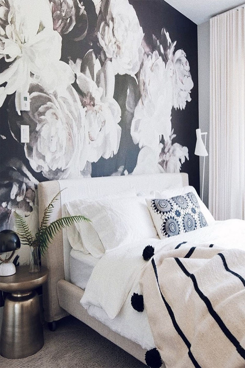bedroom with floral wallpaper
