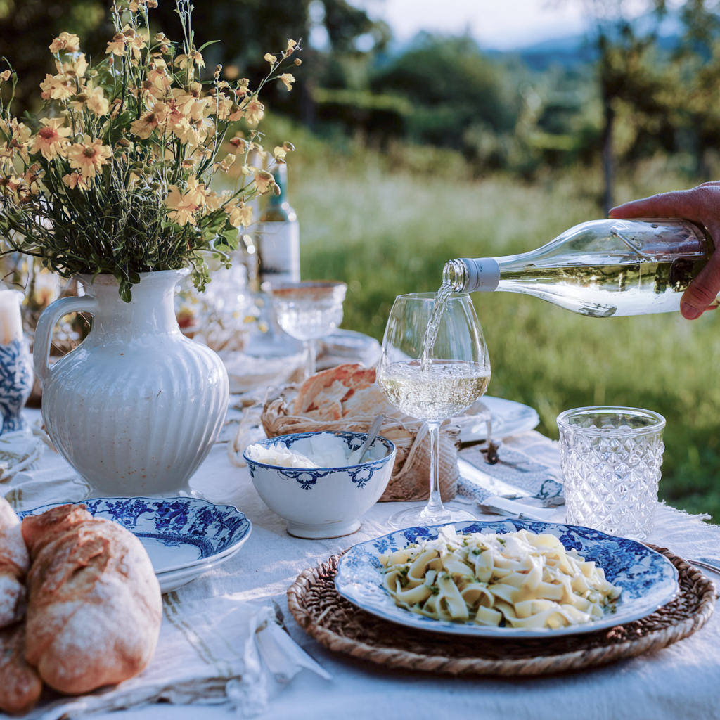 Outdoor tablescape with a white linen tablecloth, brown rattan chargers, and blue and white china