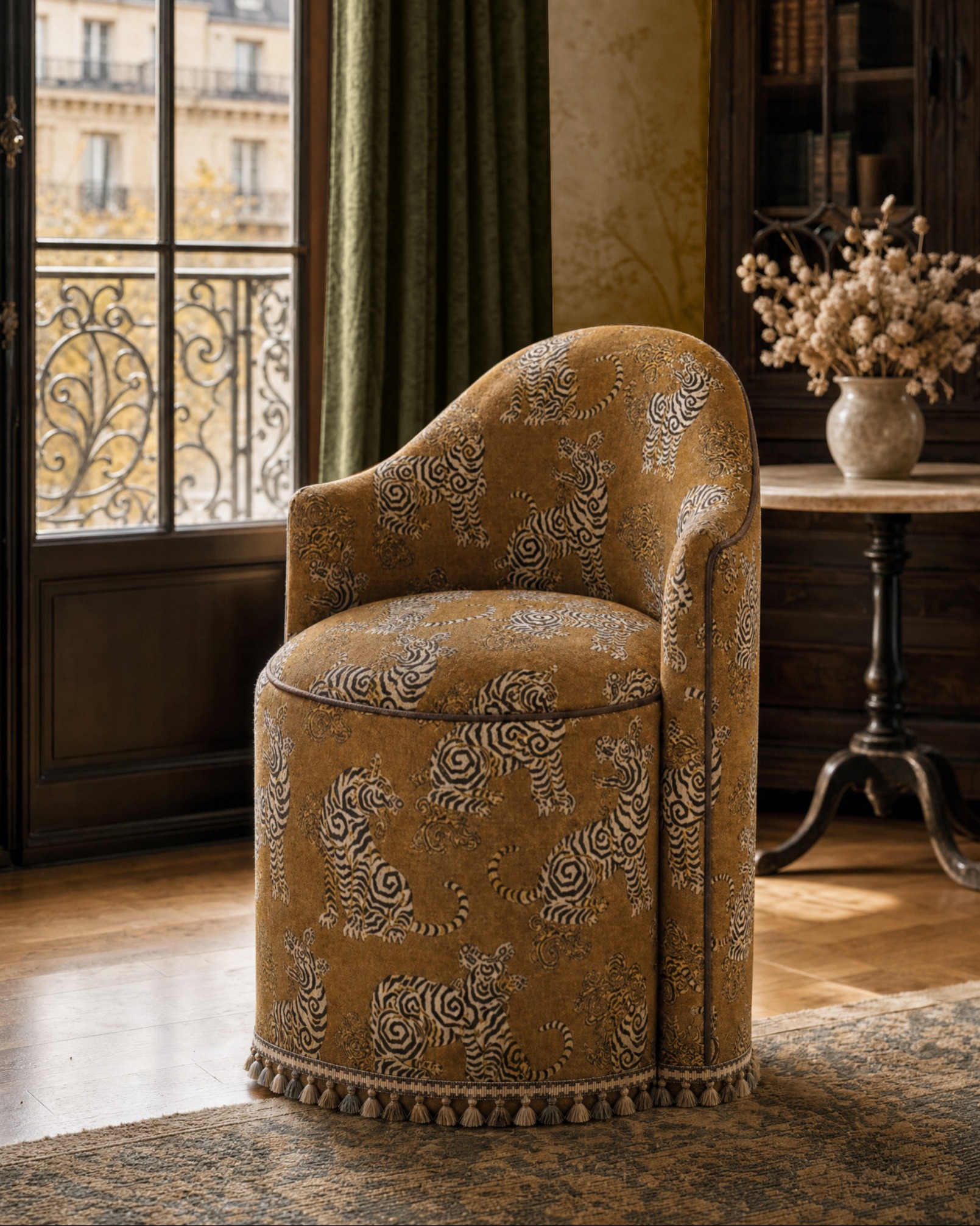 Patterned barrel chair with tiger print fabric and tassel fringe trim