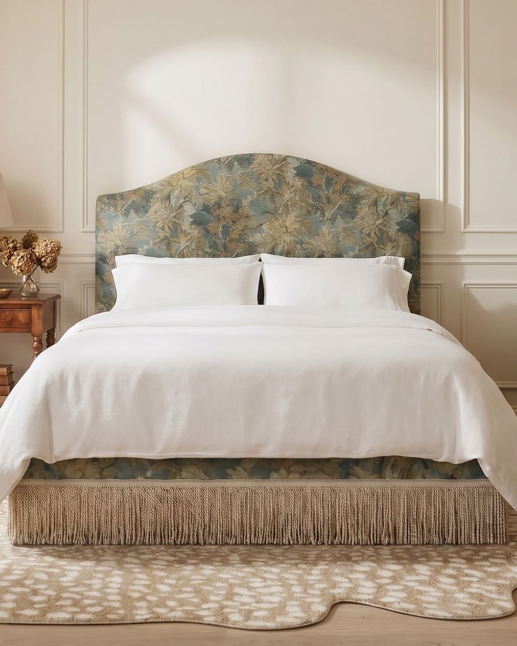 patterned upholstered bed with fringe trim and white sheets