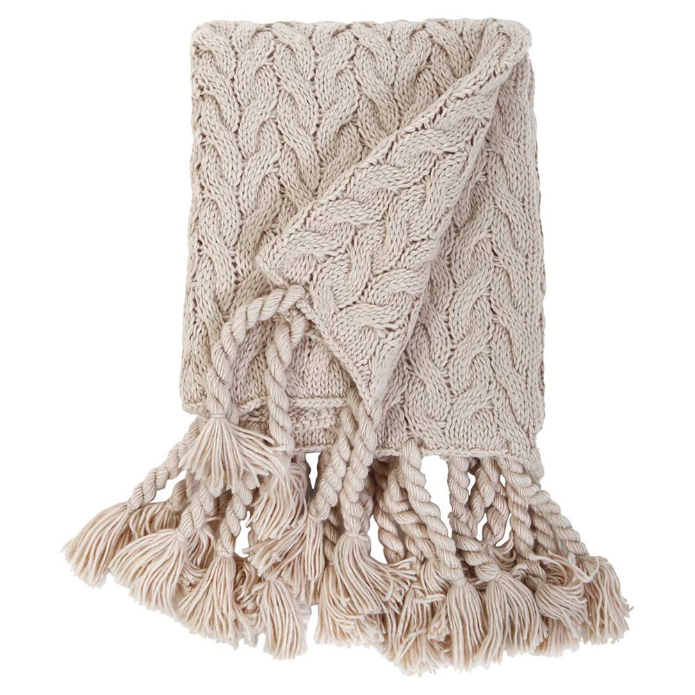 taupe knit throw blanket with fringe