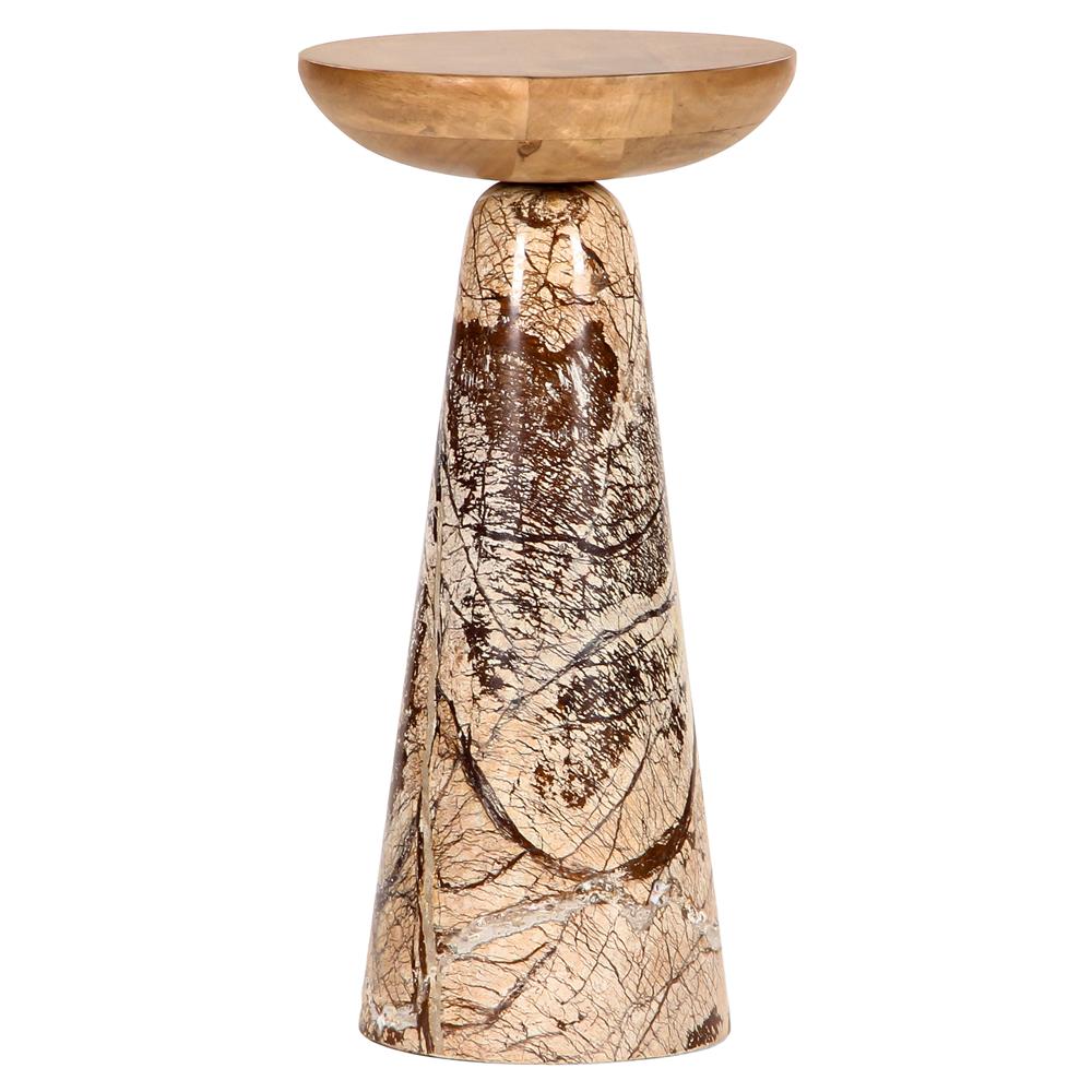 wood and stone pedestal drink table