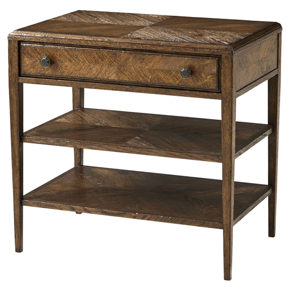brown oak nightstand with one drawer and two shelves
