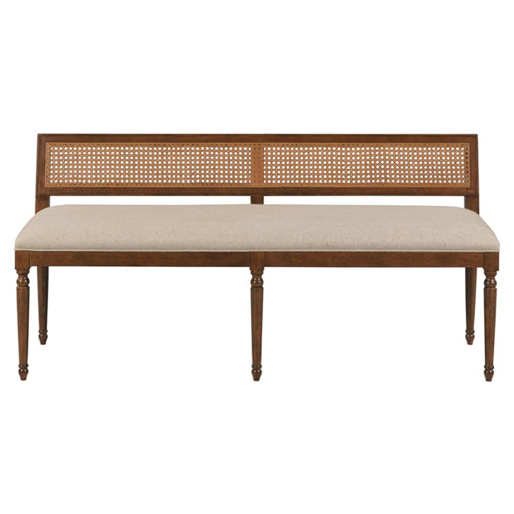 brown wood upholstered dining bench with cane back