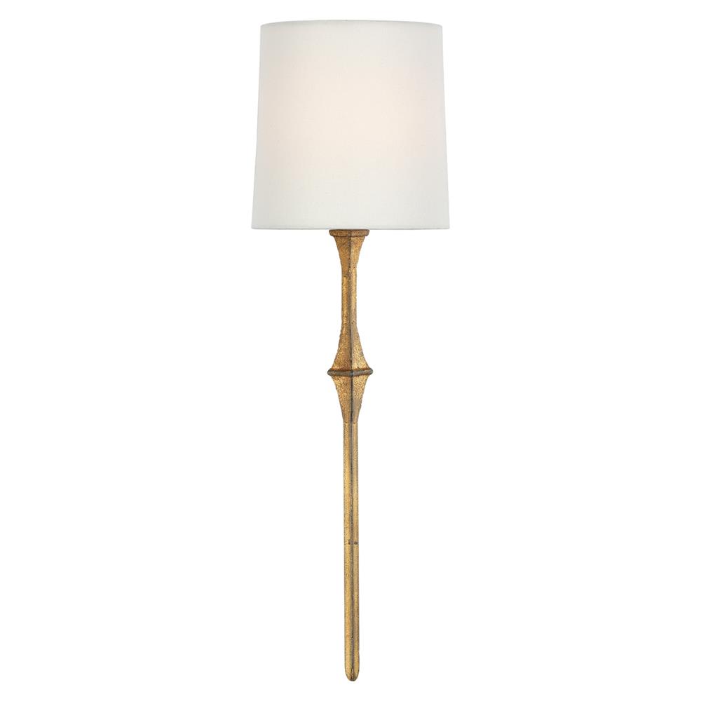 gold iron sconce with white linen shade