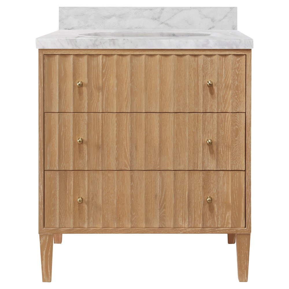 light brown wood bathroom vanity with marble top