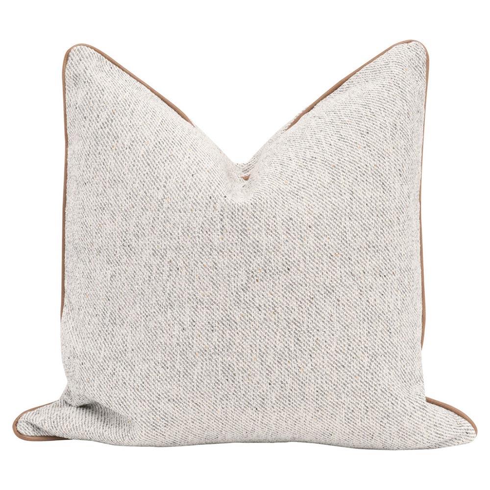 White and grey square throw pillow with brown leather welt