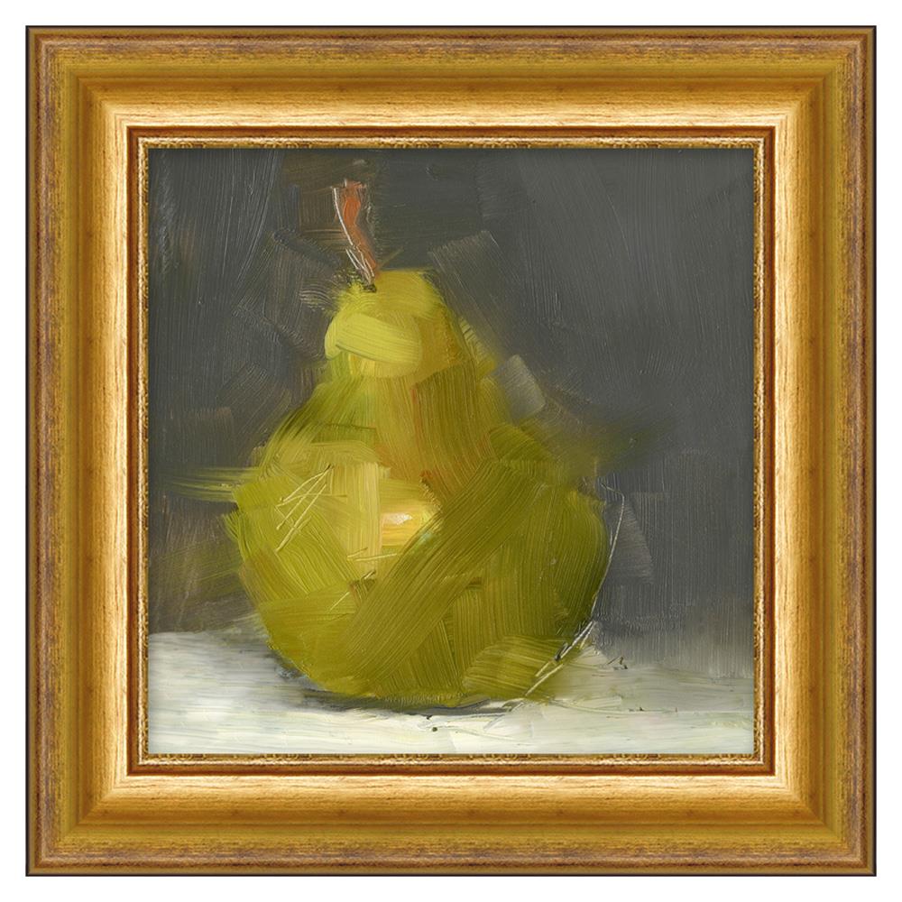 a painted pear in a gold frame