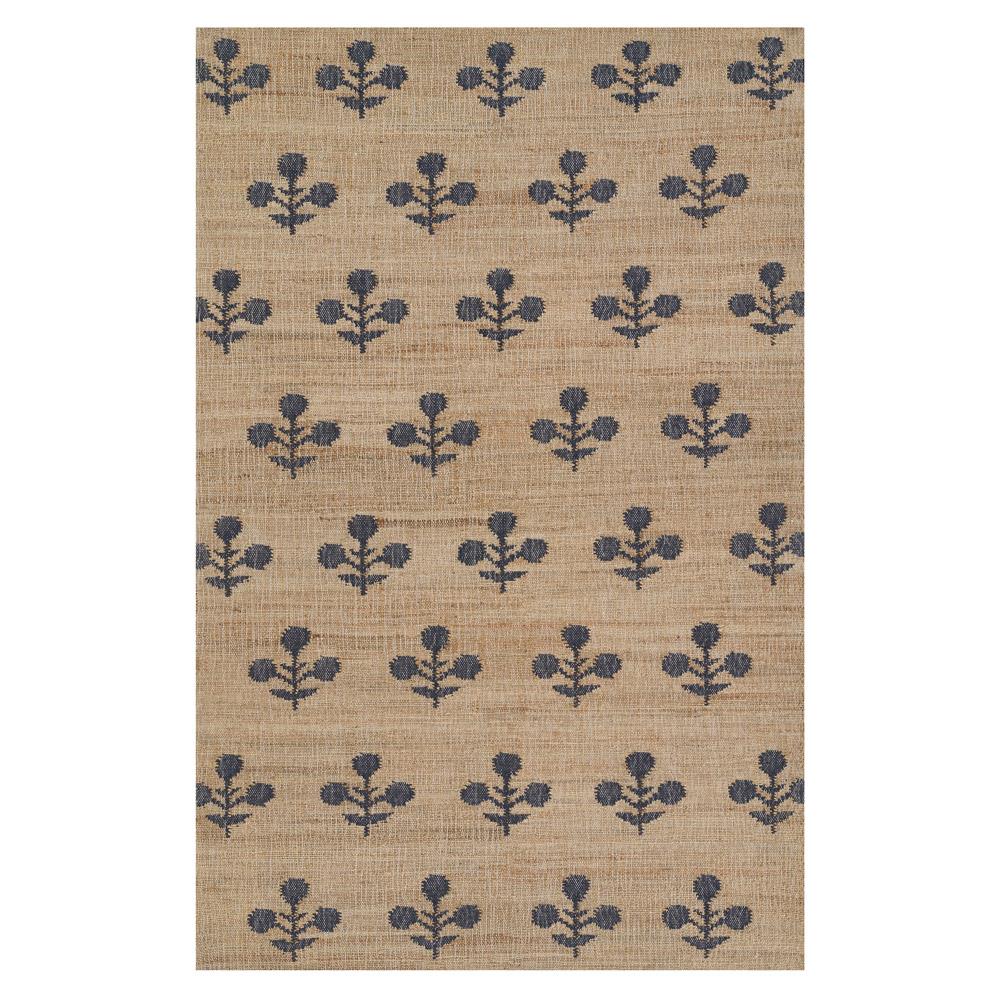 woven brown and blue jute rug