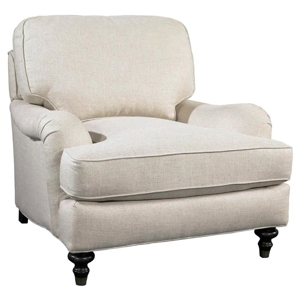 English roll arm chair with turned wood legs and cream upholstery