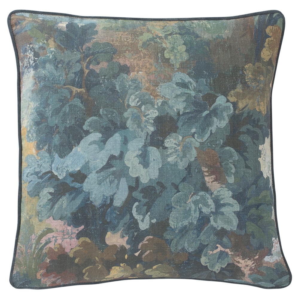 Botanical print throw pillow with welt trim and feather and down insert