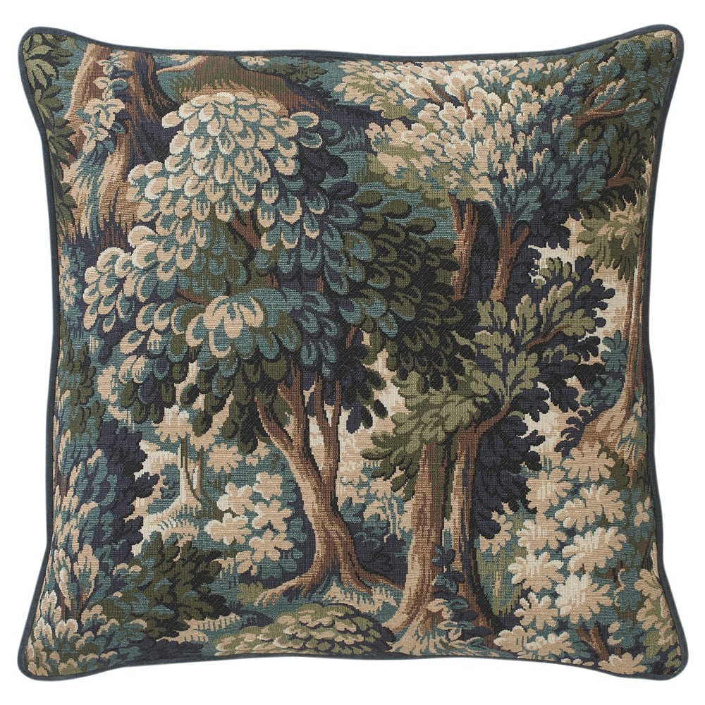 Tapestry forest throw pillow with welt trim and feather and down insert