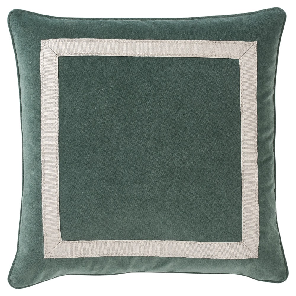 Green velvet throw pillow with windowpane detail