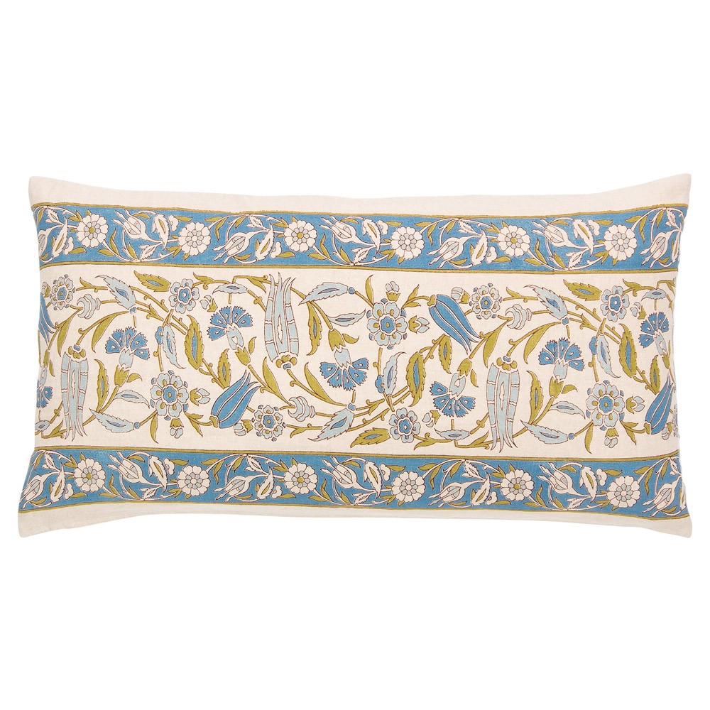 blue yellow and cream patterned lumbar pillow