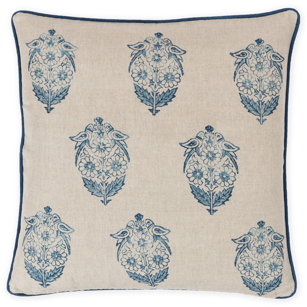 blue and cream linen block print square pillow