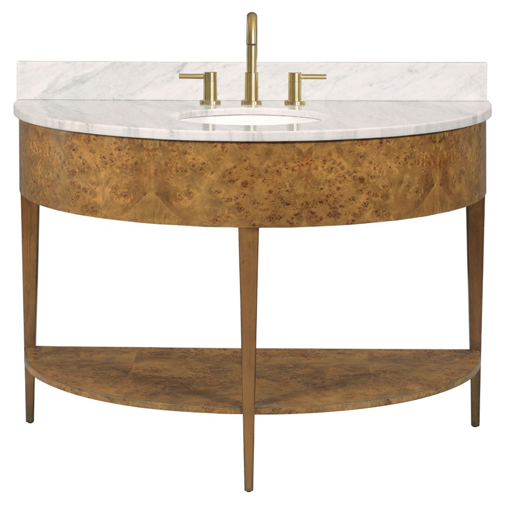 burl wood curved bathroom vanity sink with marble top
