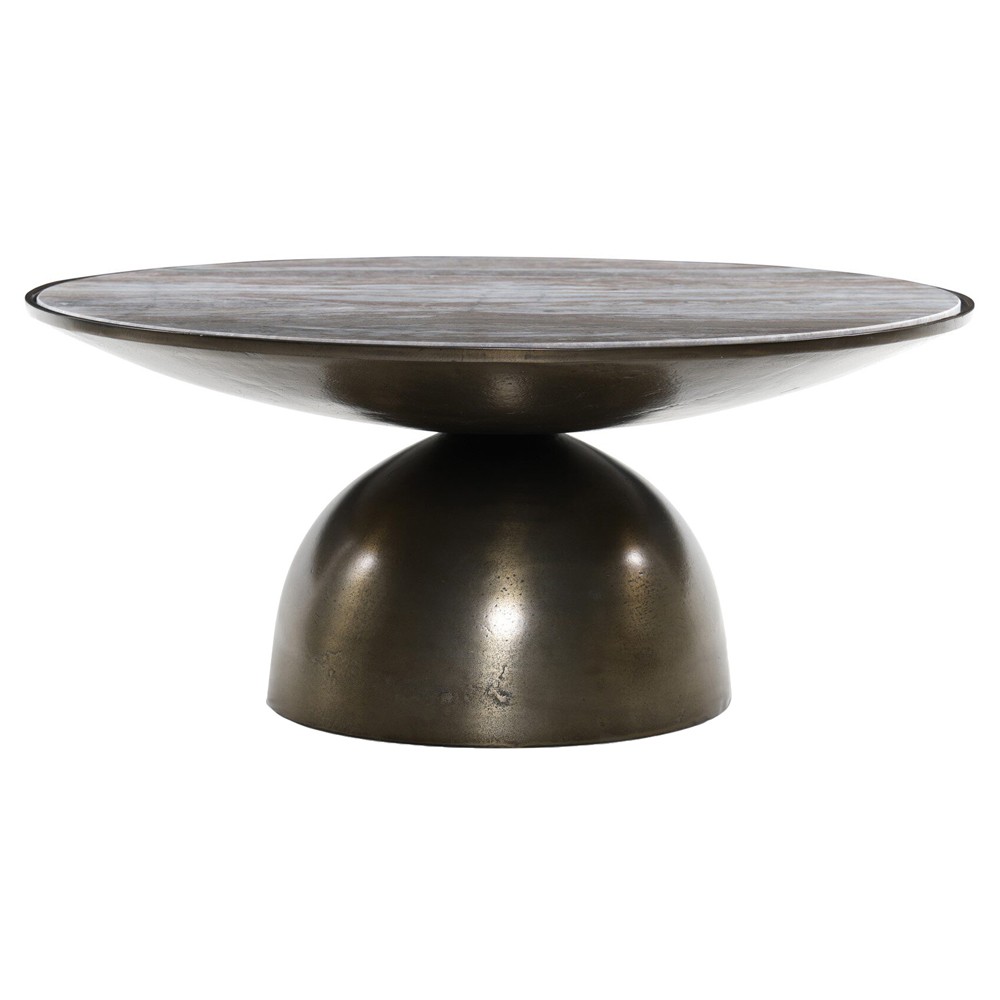 round marble coffee table with bronze aluminum pedestal base