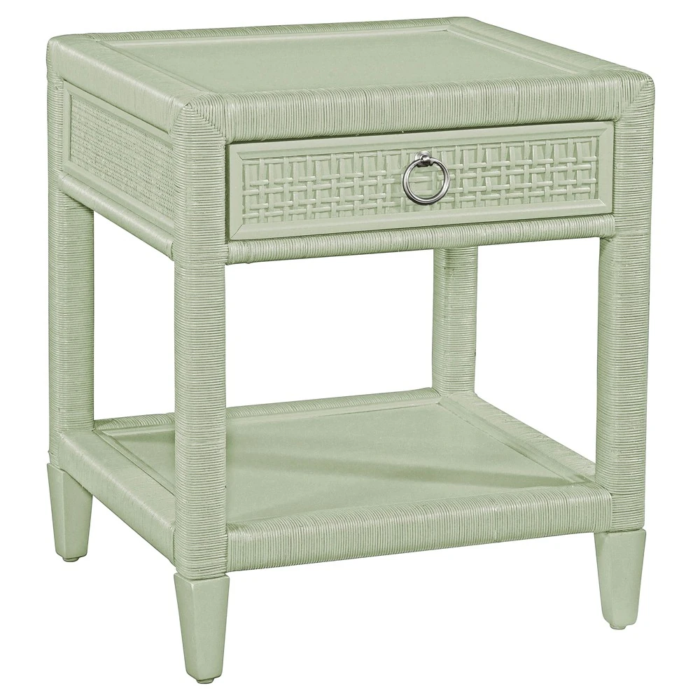 green woven rattan nightstand