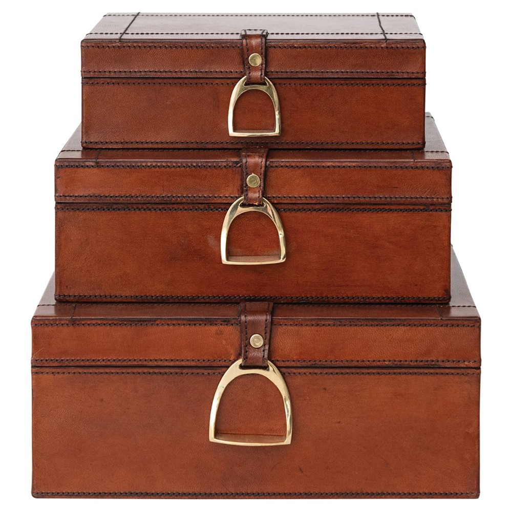 set of three leather decorative boxes